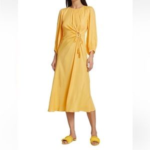 Farm Rio Piping O-Ring Cut-Out Yellow Long Sleeve Midi Dress Size Small